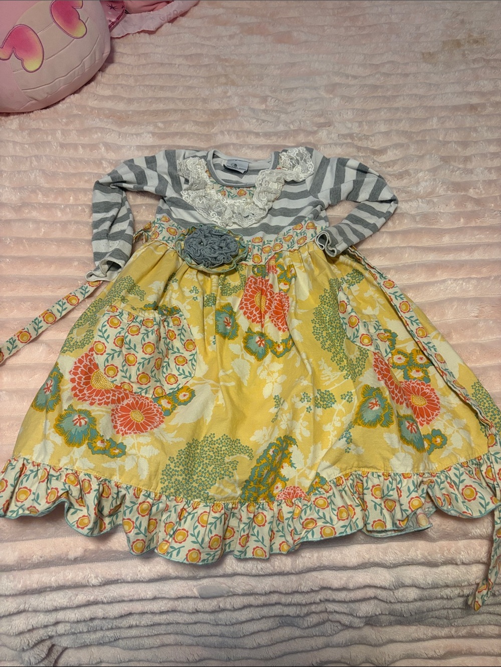 Girls Yellow Floral Stripe Bodice Dress with Lace Accent